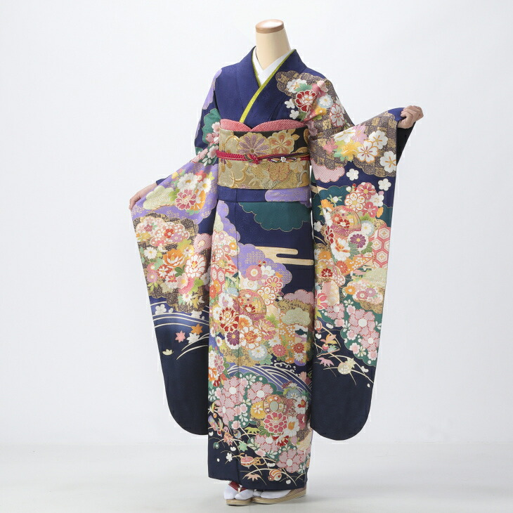 【レンタル】【成人式期間外】振袖 フルセット Lサイズ 古典柄 青・紺系 状態:S 成人式 結婚式 卒業式 結納 リユース レンタル着物 (5泊6日：1月21日 - 12月19日) 20999