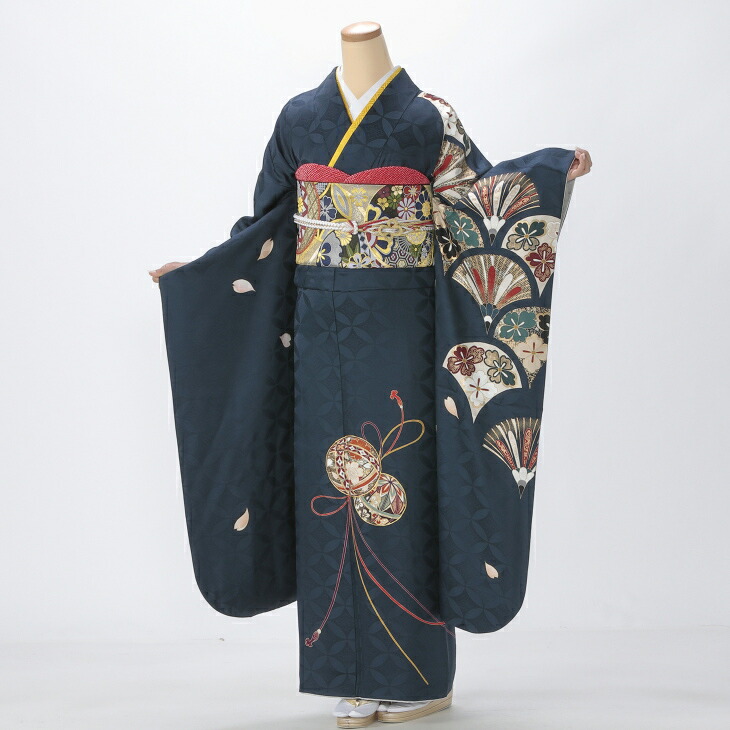 【レンタル】【成人式期間外】振袖 フルセット Lサイズ 古典柄 青・紺系 状態:A 成人式 結婚式 卒業式 結納 リユース レンタル着物 (5泊6日：1月21日 - 12月19日) 24042