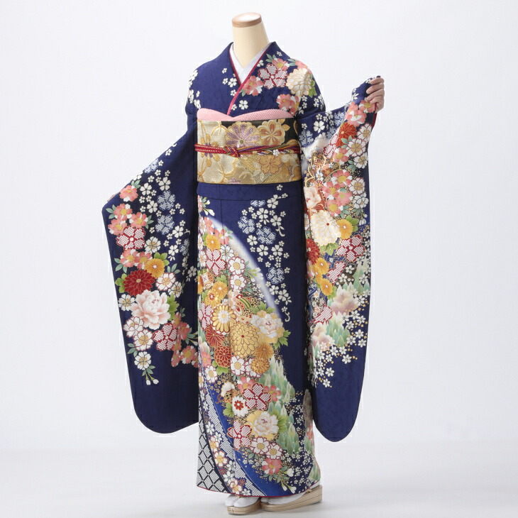 【中古】【購入品】振袖 フルセット LLサイズ 花柄 青・紺系 成人式 リユース 状態:S 販売 良品 美品 結婚式 卒業式 結納 26837|京都きもの友禅オンラインストア