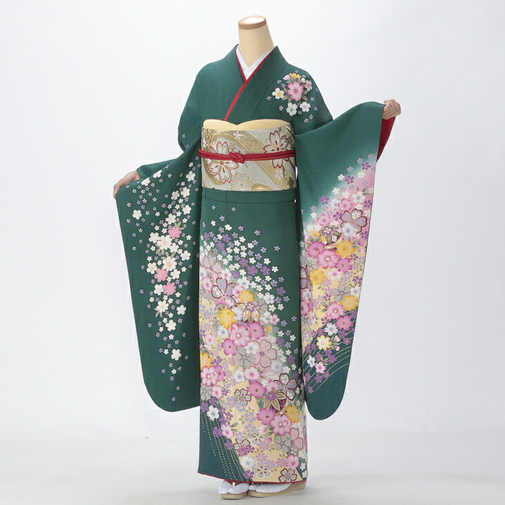 【中古】【購入品】振袖 フルセット Mサイズ 花柄 グリーン系 成人式 リユース 状態:A 販売 結婚式 卒業式 結納 着物 96326