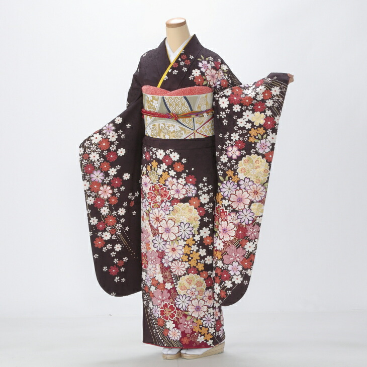 【中古】【購入品】振袖 フルセット Mサイズ 花柄 茶系 成人式 リユース 状態:A 販売 結婚式 卒業式 結納 着物 76393
