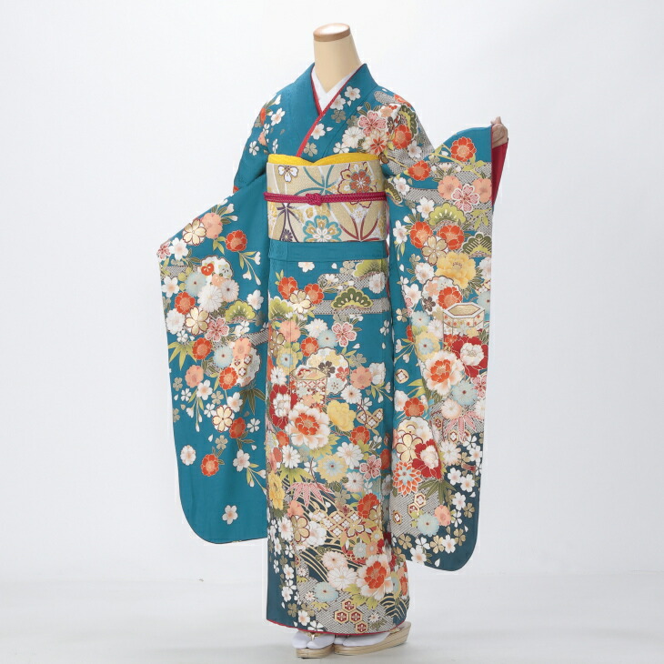 【レンタル】【成人式】振袖 フルセット Lサイズ 花柄 グリーン系 結婚式 卒業式 結納 レンタル着物 90951|京都きもの友禅オンラインストア
