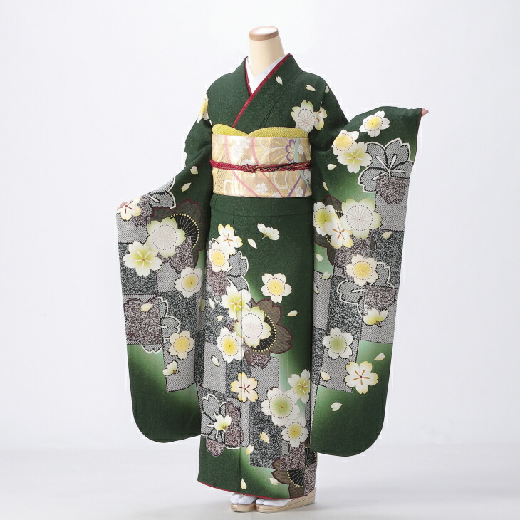 楽天市場】振袖 雪輪・菊・笹・桜 黒 / 正絹 仮絵羽 未仕立て 八掛付き