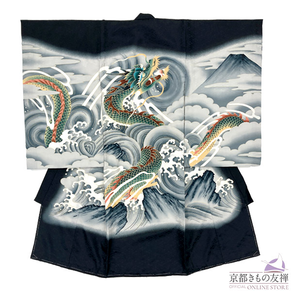 【レンタル】産着 お宮参り 着物 男の子 龍 黒 初着 祝着 長襦袢 熨斗目 掛け着物 祝い着 ベビー レンタル着物 (5泊6日)