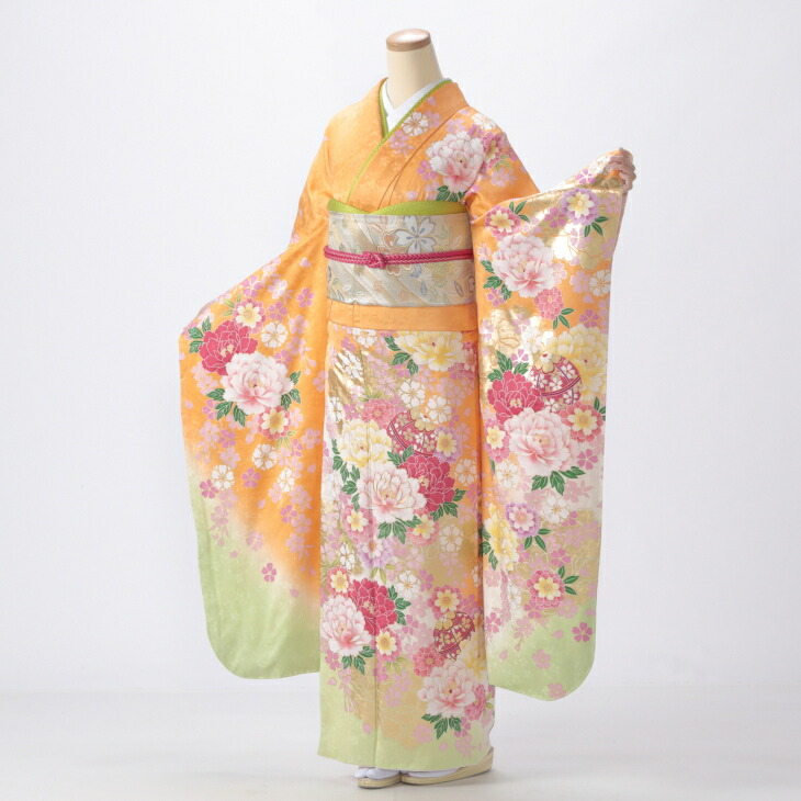 【中古】ほぼ新品【購入品】振袖 フルセット LLサイズ 成人式 着物 振袖フルセット からし・黄色系 リユース 状態:S 販売 良品 正絹 振り袖 卒業式