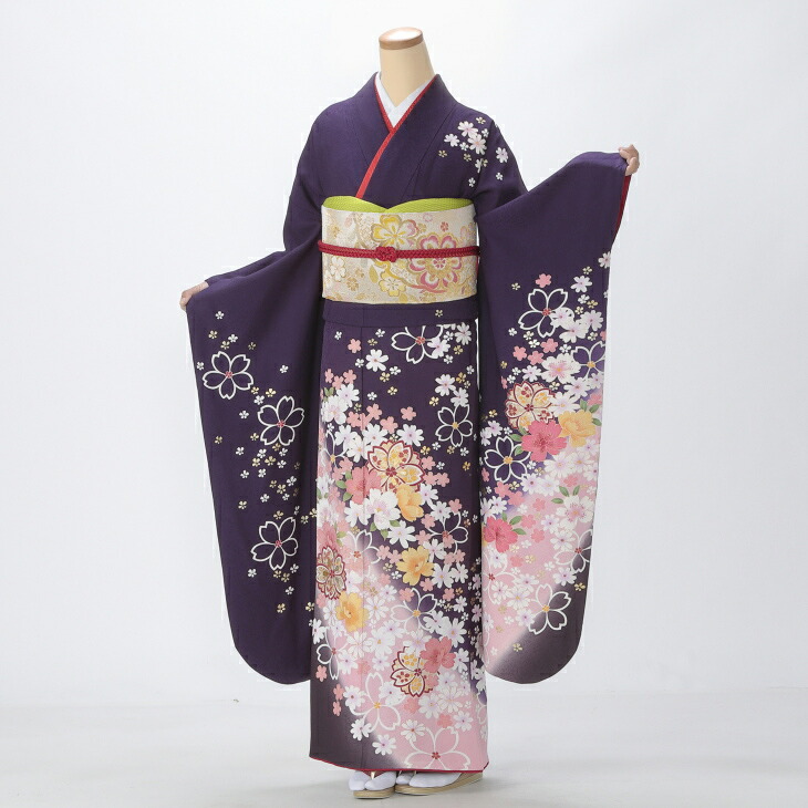 【中古】【購入品】振袖 フルセット Lサイズ 花柄 紫系 成人式 リユース 状態:A 販売 結婚式 卒業式 結納 着物 56396