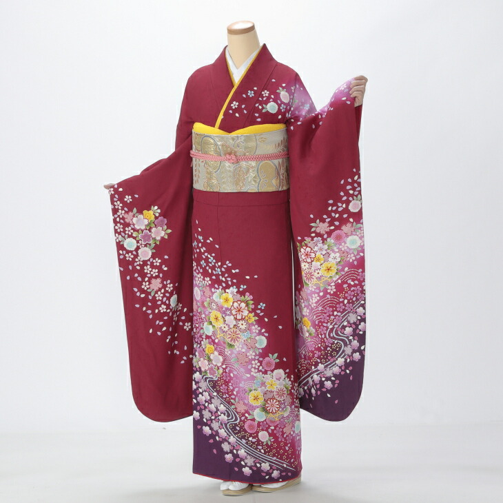 【レンタル】【成人式】振袖 フルセット Lサイズ 花柄 赤・ワイン系 結婚式 卒業式 結納 レンタル着物 16351