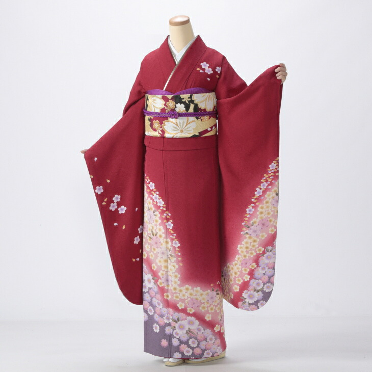 【中古】【購入品】振袖 フルセット Mサイズ 花柄 赤・ワイン系 成人式 リユース 状態:A 販売 良品 美品 結婚式 卒業式 結納 16155