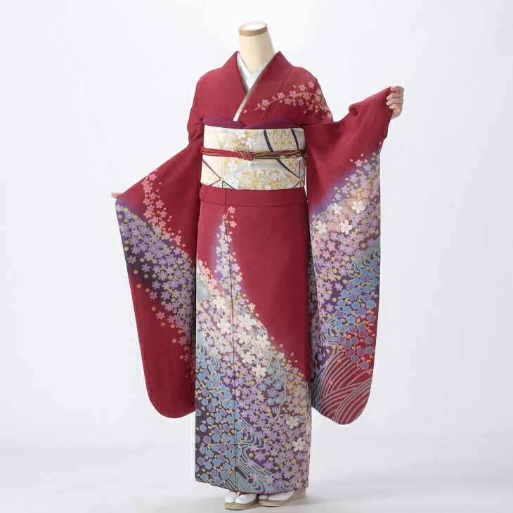 【中古】【購入品】振袖 フルセット Mサイズ 絞り柄 赤・ワイン系 成人式 リユース 状態:A 販売 結婚式 卒業式 結納 着物