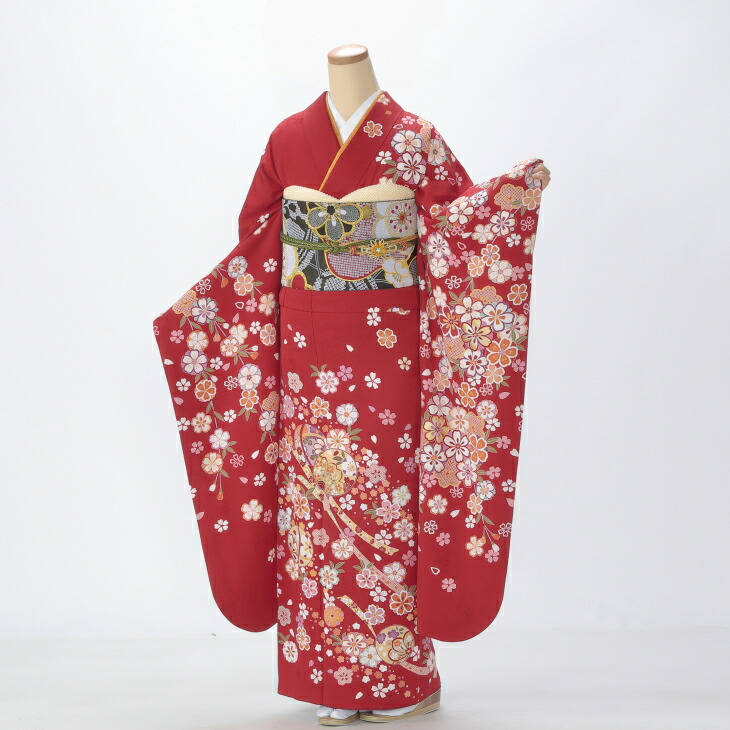 【レンタル】【成人式】振袖 フルセット Lサイズ 花柄 赤・ワイン系 結婚式 卒業式 結納 レンタル着物 16215