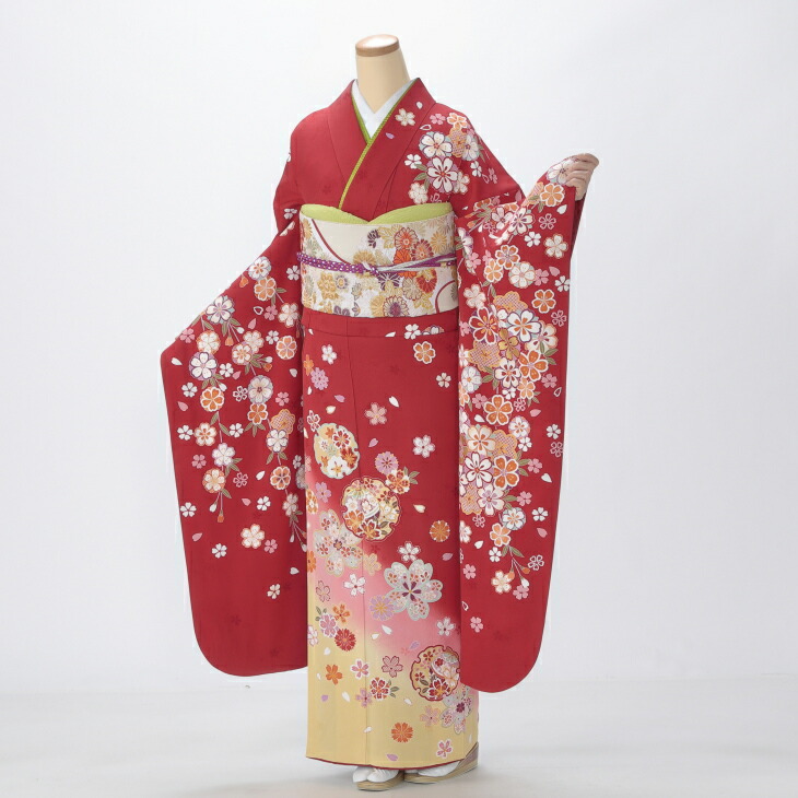 【レンタル】【成人式】振袖 フルセット Lサイズ 花柄 赤・ワイン系 結婚式 卒業式 結納 レンタル着物 16361