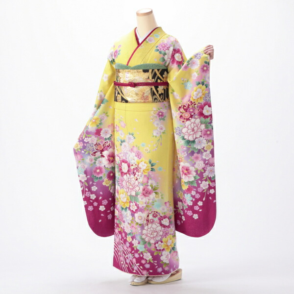 【レンタル】【成人式】振袖 フルセット Mサイズ 花柄 からし・黄系 振袖フルセット 結婚式 卒業式 結納 レンタル着物 36402