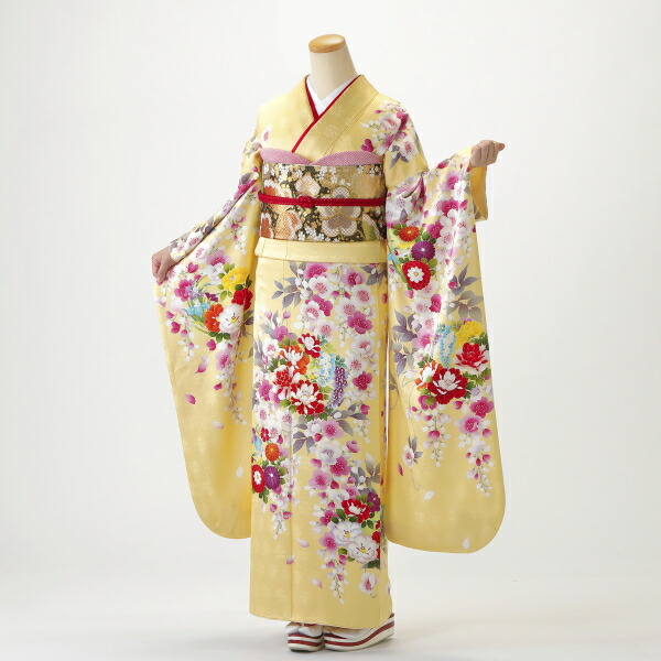 レンタル 2月 11月 振袖 フルセット からし 黄系 花柄 Mサイズ リユース Aランク 良品 成人式 結婚式 卒業式 結納 レンタル着物 Voli Me