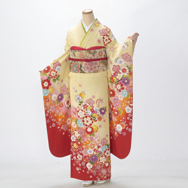 【中古】【購入品】振袖 フルセット Lサイズ 花柄 からし・黄系 成人式 リユース 状態:A 販売 結婚式 卒業式 結納 着物 36563