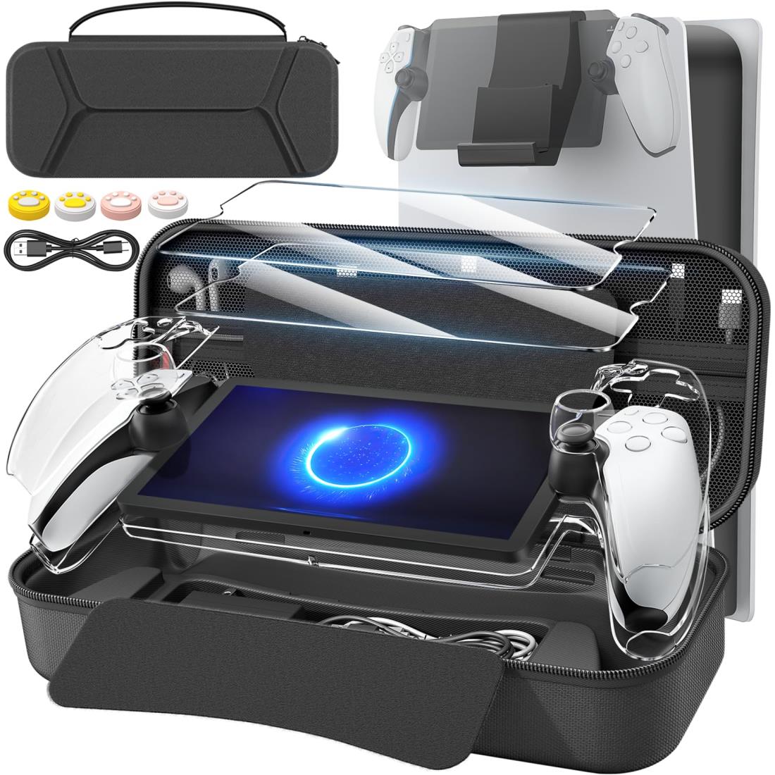 【新登場-14in1】daydayup PS Portal 用収納ケース 収納バッグ+PS Portal 用保護カバー+PS Portal 用リモートプレーヤー 用ガラスフィルム用 2枚入り+ 充電ケーブル+4个PS Portal 用スティックカバー+PSポータブルスタンド 大容量 全面保護 耐衝撃 キズ防止 防水防塵 PSポー