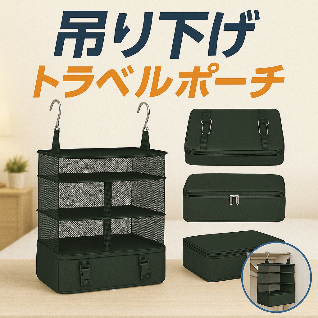 【10％OFFクーポン★4/17迄】即日発送、吊り下げ圧縮トラベルポーチ 3段オーガナイザー 大容量収納バッグ 旅行・出張用 クローゼット整理 着替え収納