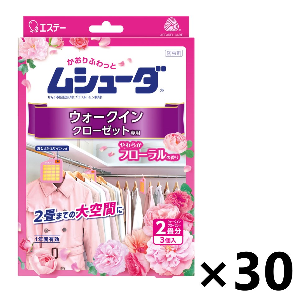 【貨物輸送無料】ムシューダ ウォークインクローゼット専用 やわらかフローラルの芳ばしさ 3個入x30個 エステー 日用消耗品-衣類用防虫剤