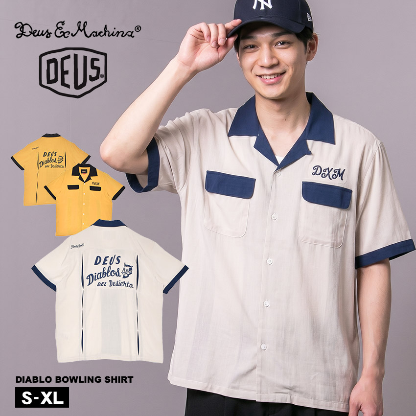 デウス エクス マキナ 半袖シャツ DEUS EX MACHINA DIABLO BOWLING SHIRT メンズ イエロー 黄 ホワイト 白 DMP255117 ウェア トップス 半袖 シャツ ボーリングシャツ おしゃれ ロゴ シンプル カジュアル ストリート カジュアル 刺繍|slz||Z-CRAFT