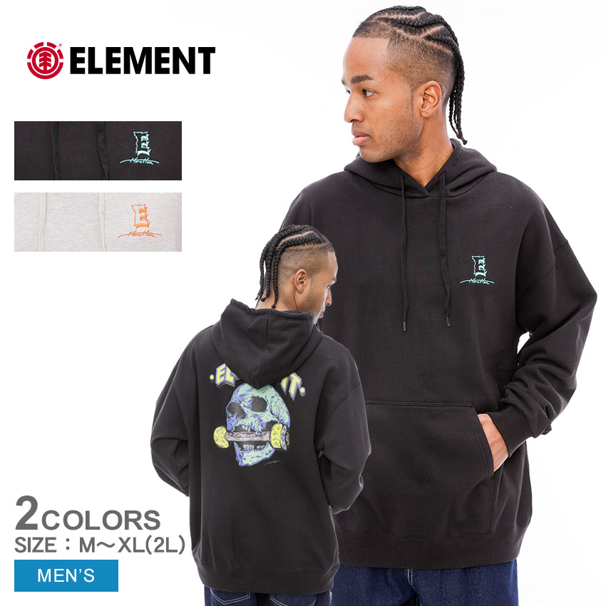エレメント パーカー メンズ HRTN HOOD ELEMENT BE022005 フーディー フーディ スウェット スエット フード 裏起毛 防寒 トップス 長袖 ストリート ドクロ スカル ビッグシルエット 国内正規品