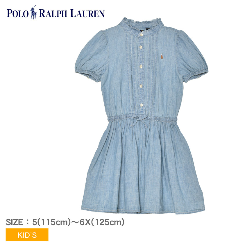 ポロ ラルフローレン シャンブレー シャツドレス ワンピース キッズ ジュニア 子供 ブルー 青 POLO RALPH LAUREN DRESS TIE WAIST 312970794 半袖 スカート ドレス デニム ウエストゴム ワンポイント ブランド ポニー スタンドカラー 上品