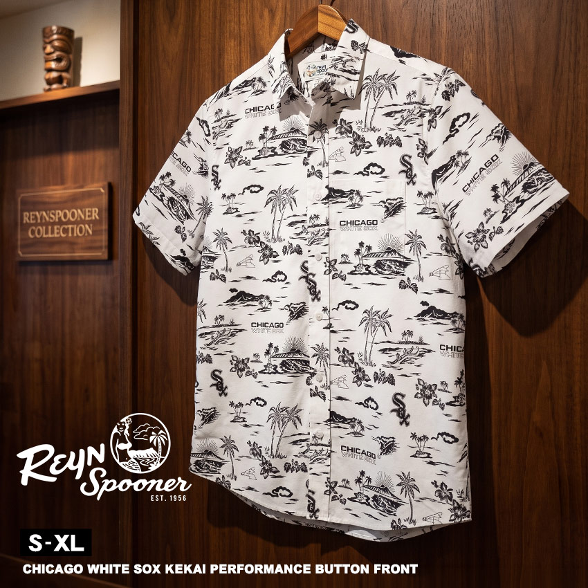 【ネコポス配送】 レインスプーナー CHICAGO WHITE SOX KEKAI PERFORMANCE BUTTON FRONT 半袖シャツ メンズ ブラック 黒 ホワイト 白 REYN SPOONER B534413121 トップス シャツ ウェア ウエア 半袖 柄シャツ アロハシャツ 吸湿 速乾 UVカット MLB