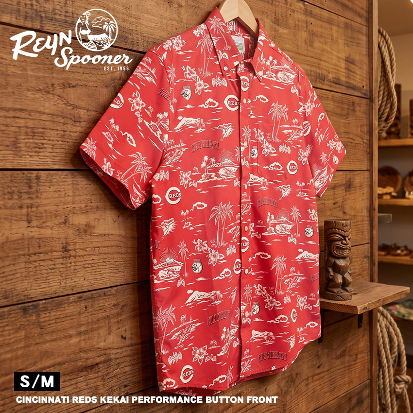【SALE★max14％オフ！】【ネコポス配送】 レインスプーナー CINCINNATI REDS KEKAI PERFORMANCE BUTTON FRONT 半袖シャツ メンズ レッド 赤 ホワイト 白 REYN SPOONER B534513121 トップス シャツ ウェア ウエア 半袖 柄シャツ アロハシャツ 吸湿 速乾 UVカット MLB|slz|
