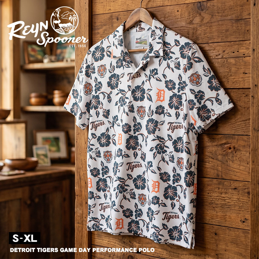 レインスプーナー DETROIT TIGERS GAME DAY PERFORMANCE POLO ポロシャツ メンズ ホワイト 白 REYNSPOONER M624235225 MLB メジャーリーグベースボール コラボ デトロイト・タイガース トップス シャツ ウェア ウエア 半袖 柄シャツ|slz||Z-SPORTS