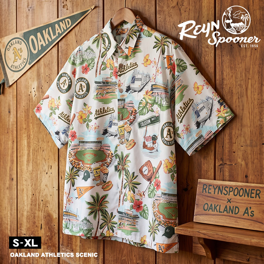 レインスプーナー OAKLAND ATHLETICS SCENIC 半袖シャツ メンズ マルチカラー REYNSPOONER B553312122 MLB メジャーリーグベースボール コラボ アスレチックス トップス シャツ ウェア ウエア 半袖 柄シャツ|slz|｜Z-SPORTS