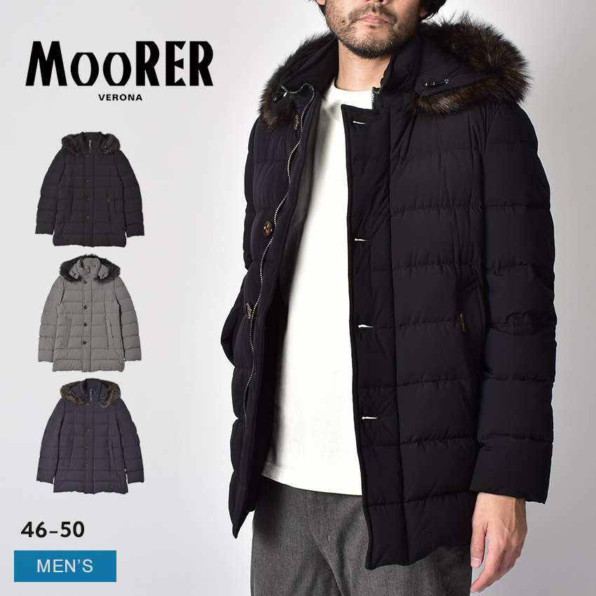 ムーレー MORESCO-KN ダウンジャケット メンズ ブラック 黒 ネイビー 紺 MOORER MOUGI100235 モレスコ アウター ダウン コート 撥水 はっ水 上着 通勤 ビジネス 防寒 保温 フード ポケット ファー ロング丈 カジュアル シンプル フォーマル|slz|｜Z-SPORTS