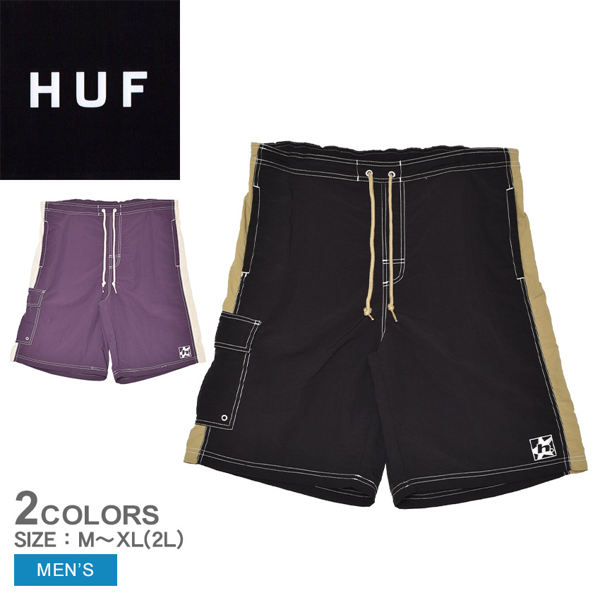 ハフ HIGH TIDE TRUNK ハーフパンツ メンズ ブラック 黒 パープル 紫 HUF PT00356 ストリートファッション スケートボード スケーター カーゴショーツ 夏 刺繍 伸縮ウエスト 調節可能ベルト ドローコード ドローストリング カーゴポケット|slz|