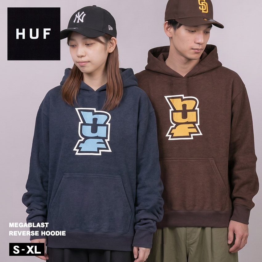 ハフ メガブラスト リバース パーカー フーディー メンズ ネイビー 紺 ブラウン HUF MEGABLAST REVERSE HOODIE FL00244 ウェア トップス プルオーバーパーカー 裏起毛 スウェット フーディ スエット スケーター スケボー 長袖