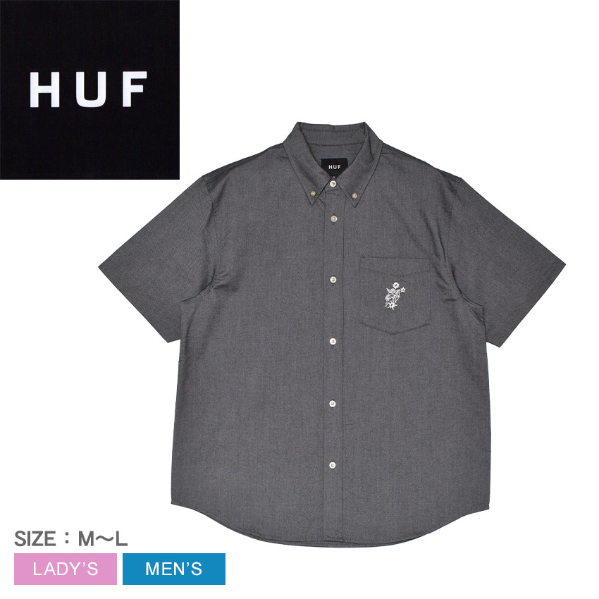 ハフ ICARUS OXFORD SHIRT 半袖シャツ メンズ グレー HUF BU00234 ウエア シャツ トップス カジュアルシャツ オックスフォードシャツ ブランド 半袖 ワンポイント 刺繍 刺しゅう ボタン ボタンダウンフロント|slz|