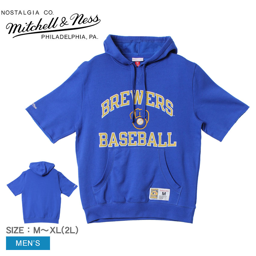 ミッチェルアンドネス MLB ミルウォーキー・ブルワーズ ショート スリーブ フリース フード トップス メンズ ブルー 青 イエロー 黄 MITCHELL ＆ NESS MLB MILWAUKEE BREWERS Short Sleeve Fleece Hood FPHD3398-MBRYYPPP ウエア ZSPO｜Z-SPORTS