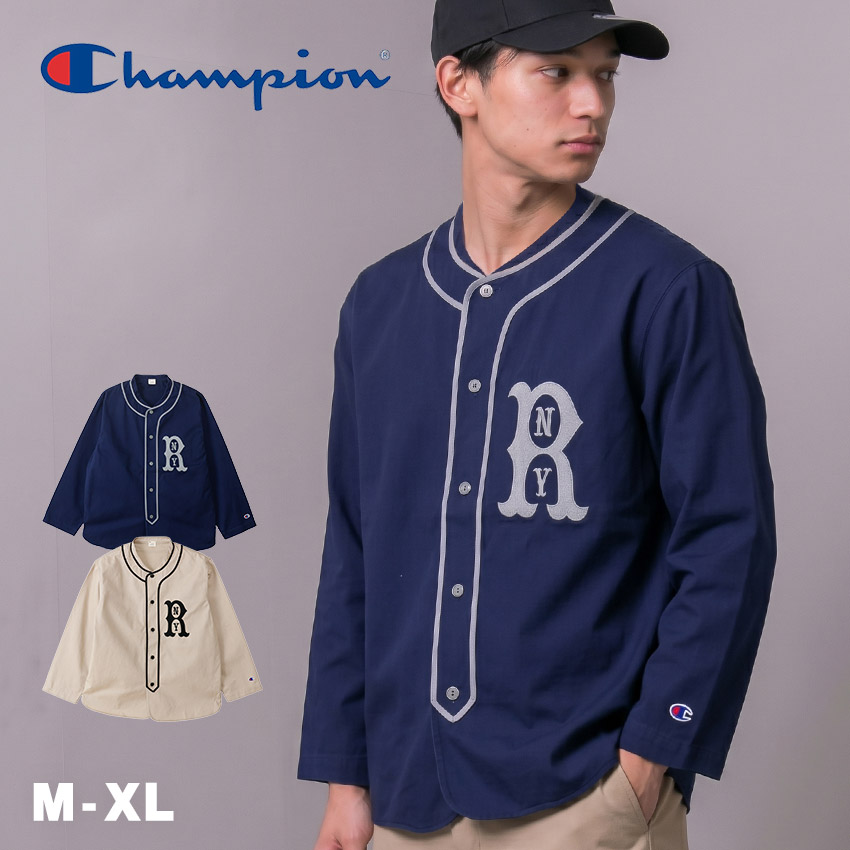 チャンピオン ベースボールシャツ 長袖シャツ メンズ ネイビー 紺 ベージュ CHAMPION C3-C409 ウェア トップス 長袖 シャツ カジュアル シンプル ブランド ロゴ スポーティ ベースボール ヴィンテージテイスト おしゃれ|slz|