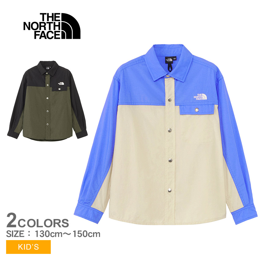 THE NORTH FACE ザ・ノース・フェイス ロングスリーブヌプシシャツ 長袖シャツ キッズ ブルー 青 カーキグリーン L／S Nuptse Shirt NRJ62322 衿付きシャツ トップス ウェア 長袖 撥水 防汚 男の子 女の子 ロゴ カジュアル 紫外線対策 国内正規品|slz|｜Z-SPORTS