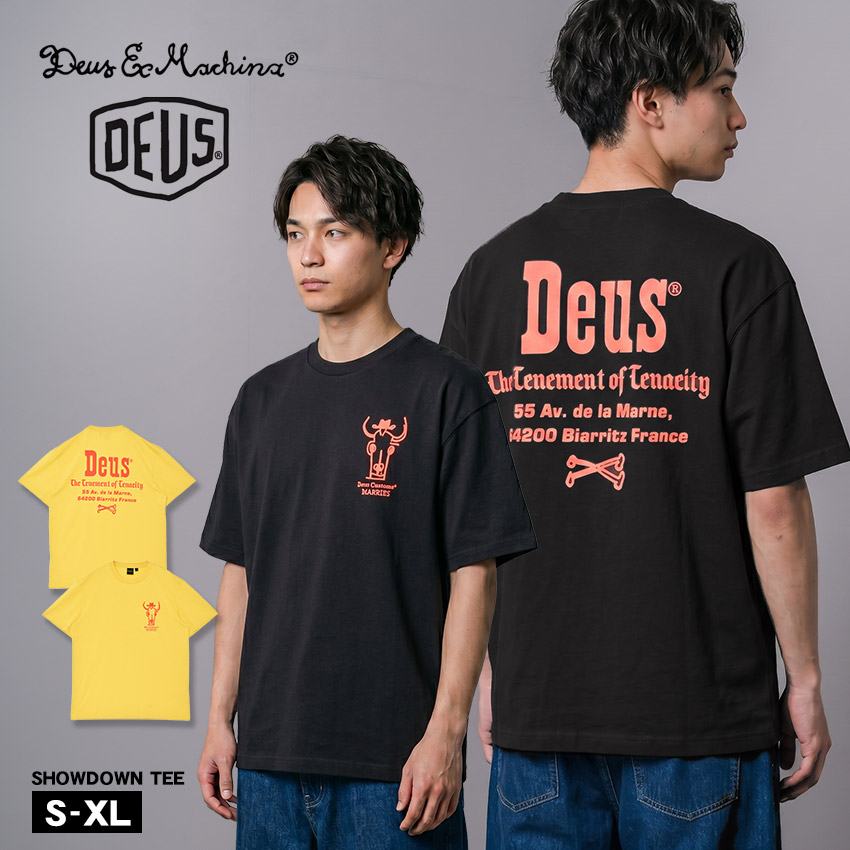 デウス エクス マキナ SHOWDOWN TEE 半袖Tシャツ メンズ イエロー 黄 ブラック 黒 DEUS EX MACHINA DMP251947D Tシャツ トップス 半袖 スポーツ 人気 おしゃれ ロゴ シンプル カジュアル バックプリント おすすめ 定番 ブランド