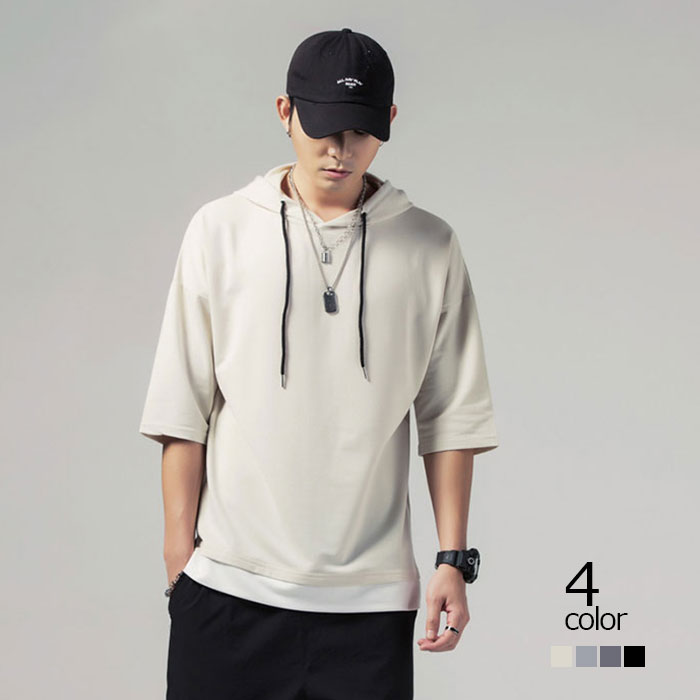 楽天市場 重ね着風 プルオーバーパーカ 半袖 Tシャツ フード付き 半袖 パーカー パーカ プルオーバーパーカー メンズ トップス 半袖tシャツ レイヤード風 カットソー 薄手 夏男 夏服 夏物 送料無料 福見る店