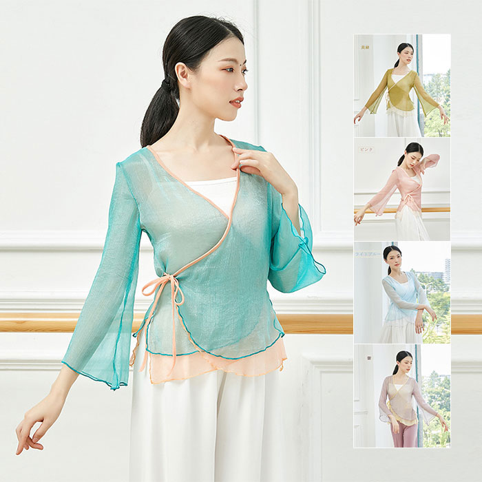 ダンス トップス シースルー 長袖 配色切り替え おしゃれ 春 夏 ダンストップス レディース 大人 衣装 モダンダンス レッスン着 発表会 練習着 演出用 シフォン 軽い薄い生地 チャイナ風 ピンク ブルー グリーン パープル セールsale Off