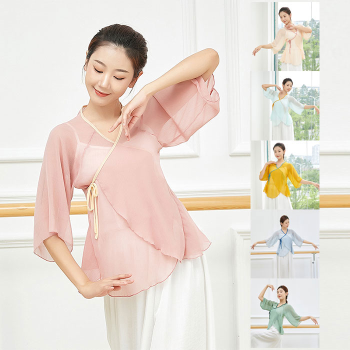 ダンス トップス シースルー 7分袖 おしゃれ 春 夏 ダンストップス レディース 大人 衣装 レッスン着 シフォン 動きやすい 発表会 練習着 演出用 チャイナ風 イエロー ブルー グリーン ピンク ベージュ 早割クーポン