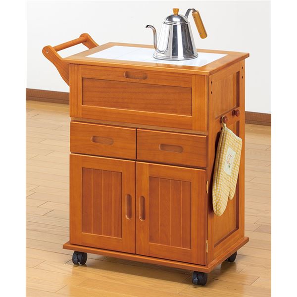 【新品】天然木 キッチンワゴン 対面　コンパクト　アウトレット 天然木 キッチンワゴン 〔ブラウン〕 キャスター付き キッチン