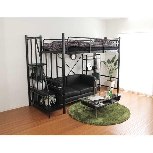 【ブラック】 宮付きのスタイリッシュロフトベッド <フレームのみ> ブラック】 宮付きのスタイリッシュロフトベッド <フレームのみ