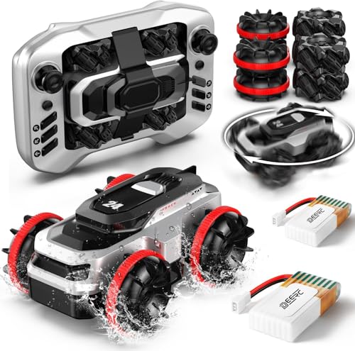 DEERC ラジコンカー おもちゃ ラジコン オールインワンデザイン 水陸両用 リモコンカー 4WD 回転360° 全方位走行 ドリフト特技 全地形対応 全身防水 携帯収納 車輪ベルト交換 操作時間50分間