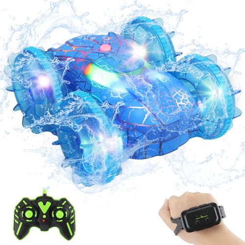 Flycreat ラジコンカー 水陸両用 オフロード - ラジコン 四輪駆動 360°回転 防水 LEDライト付き 2.4GHz 両面走行 多地形対応 RCカー 充電式バッテリー2個 子供向け 車 おもちゃ 男の子 誕生日プレゼ