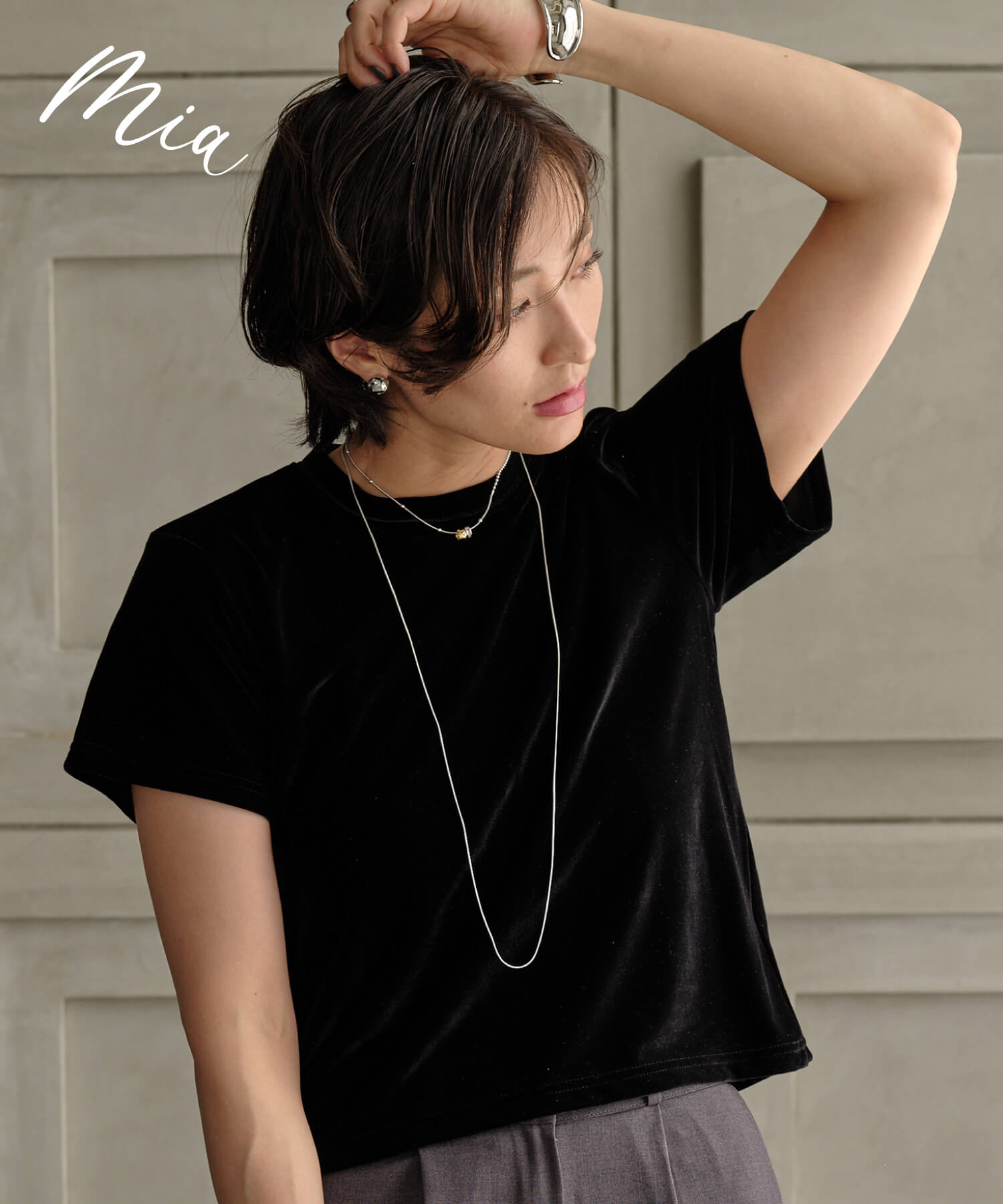 ＼9/5付デイリーランキング入賞／【MIA/ミア】ベロアTシャツ/レディーストップスカットソーTシャツカジュアルきれいめ半袖ベーシック無地ベロア