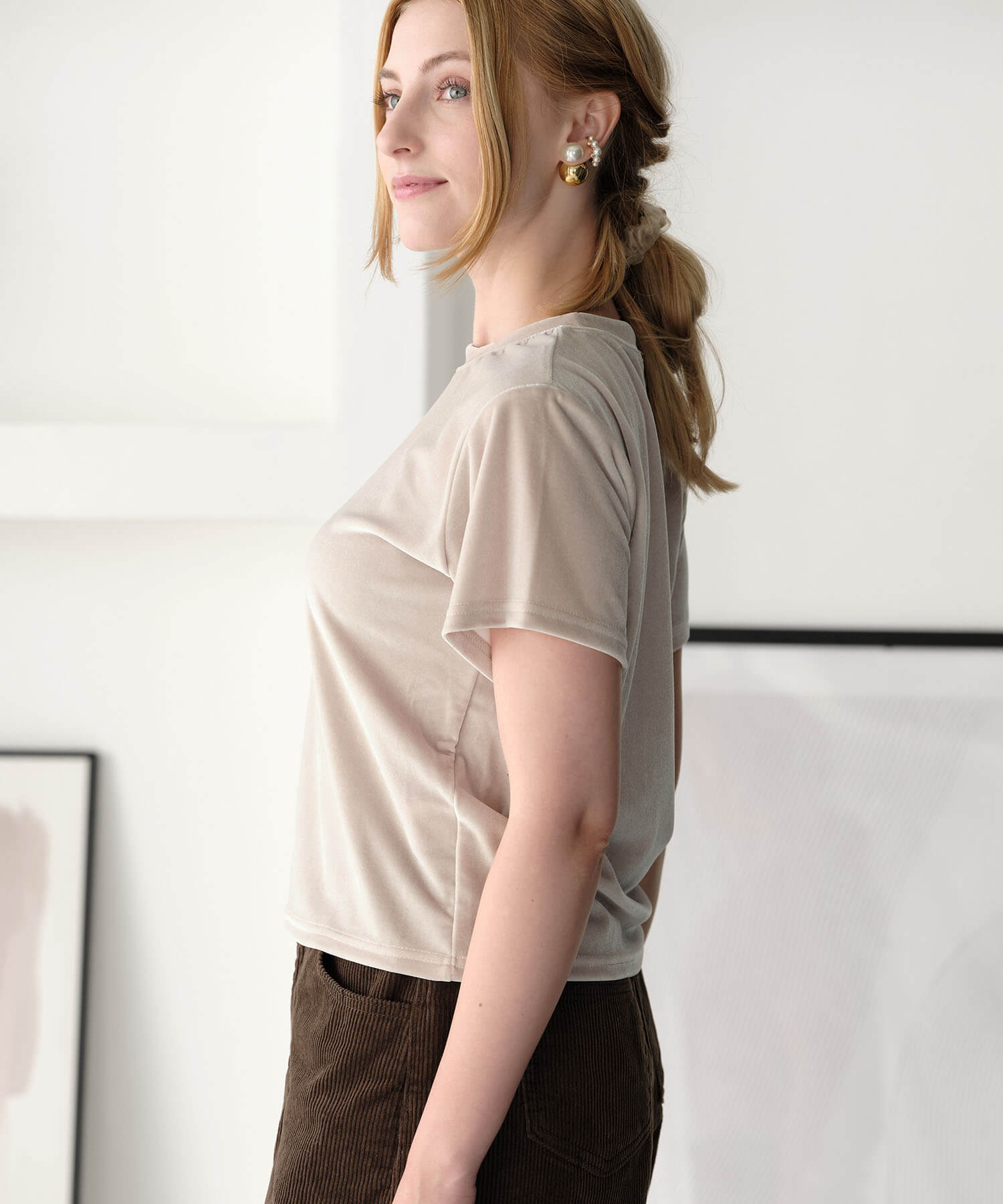 ◇MIYACOレース ベロアの柔らかカットソーシャツ ブラウン 美USED