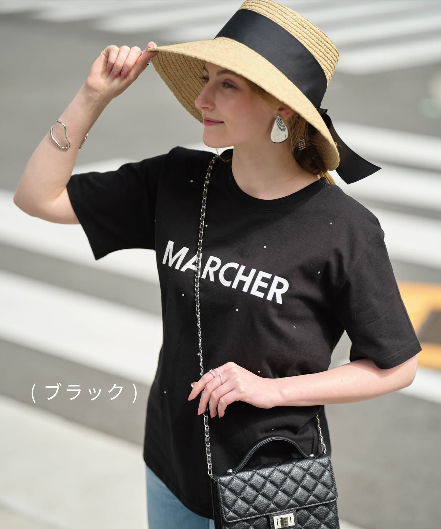 30%OFFクーポン使える◇11/2-11/11】【MIA/ミア】MARCHER-ビジューロゴTシャツ/レディース カットソー Tシャツ  ラインストーン ロゴ ロゴT ロゴTシャツ クルーネック カジュアル きれいめ ゆったり 体型カバー 大きいサイズ 綿100％ 半袖 シンプルTシャツ