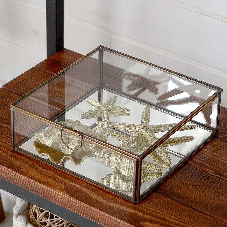 フランス ヴィンテージ 真鍮 ガラス製ミラー鏡 宝石箱 ジュエリーボックス飾り棚 小物入れ 古道具 店舗什器シャビー ディスプレイ シェルフ 