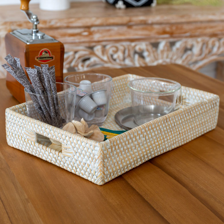 楽天市場】トレイ ラタン製 ホワイトウォッシュ 持ち手付き