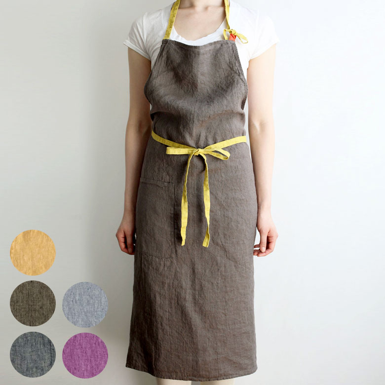 楽天市場】エプロン 長め リネン グレー イエロー Lino e lina 100cm