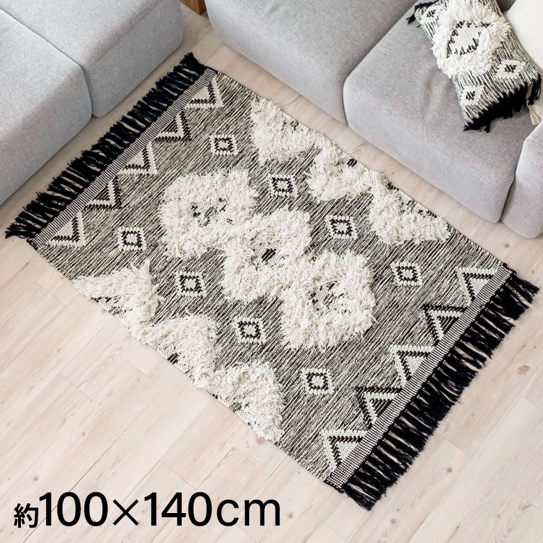 【楽天市場】ラグ ラグマット オルテガ柄 エスニック フリンジ デザイン 100×140cm 白黒 BOHO カーペット 絨毯 じゅうたん